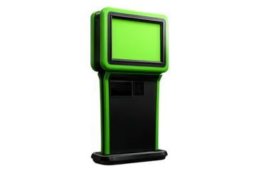 Self service kiosk with bright green display for interactive use