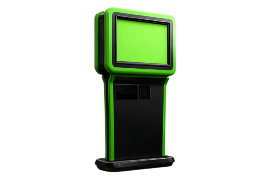 Self service kiosk with bright green display for interactive use