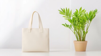 Minimalist beige tote bag next to a potted green plant on a white surface with a bright, clean background.