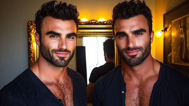 man standing in front of a mirror surrounded by golden lights admiring his own reflection with a proud smirk isolated background minimalist studio lighting copy space self obsession mirror vanity 