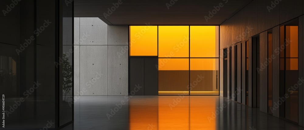 Poster modern architecture interior view with orange window light and concrete wall in minimalist style