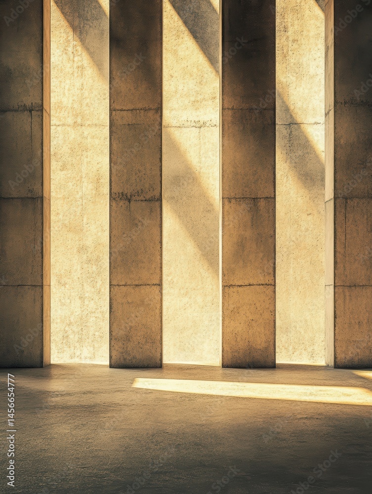 Poster abstract architectural detail of concrete pillars with sunlight casting shadows in a minimalist styl