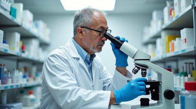 High-resolution stock photo of a middle-aged scientist with a focused expression, wearing a crisp white lab coat, standing in a well-lit, modern laboratory