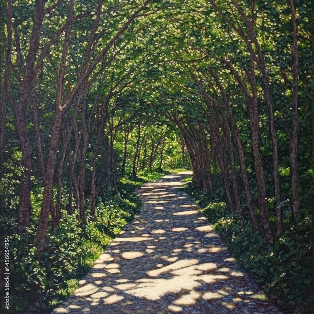 Poster Forest Path Perspective View with Sunlight Filtering Through Trees Creating Shadows on the Ground in a Lush Green Environment