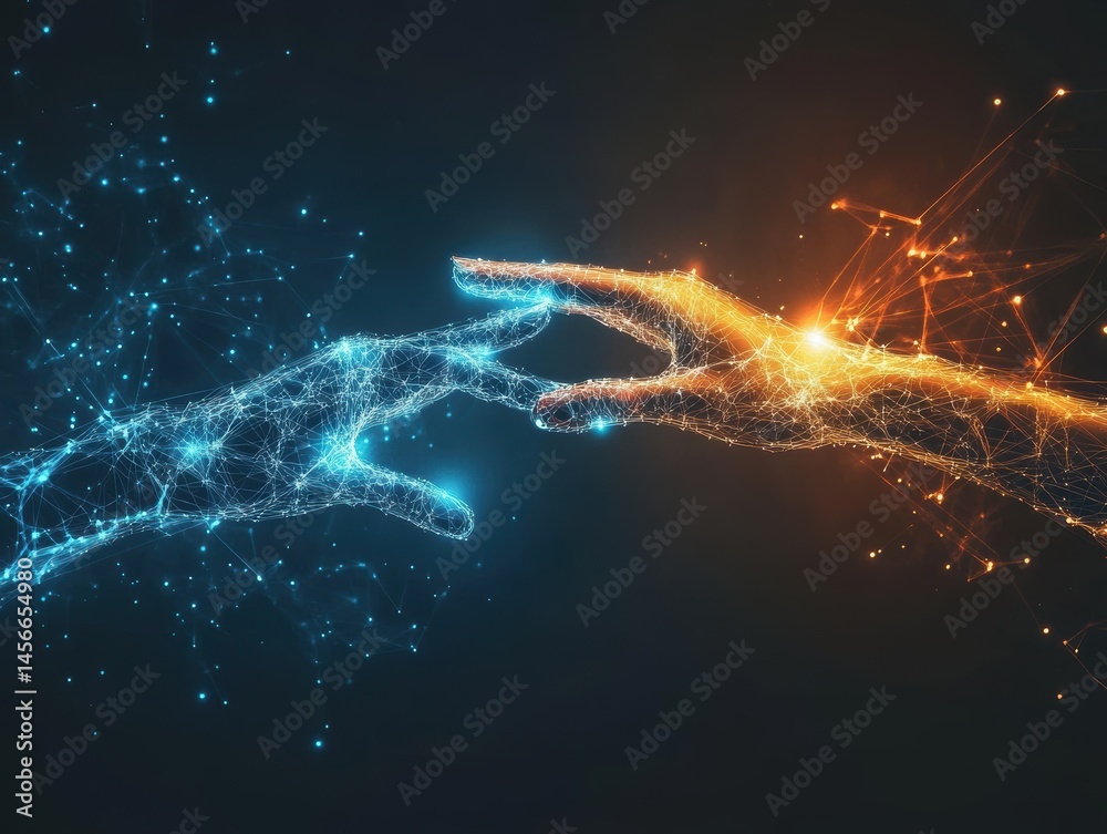 Poster Digital hands reaching out in a symmetrical composition concept of connection technology and artificial intelligence in a studio shot