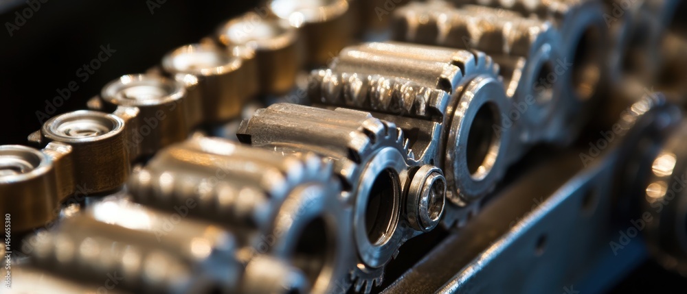 Aufkleber close up of interlocking metal gears and chain in industrial machine in studio shot for engineering 