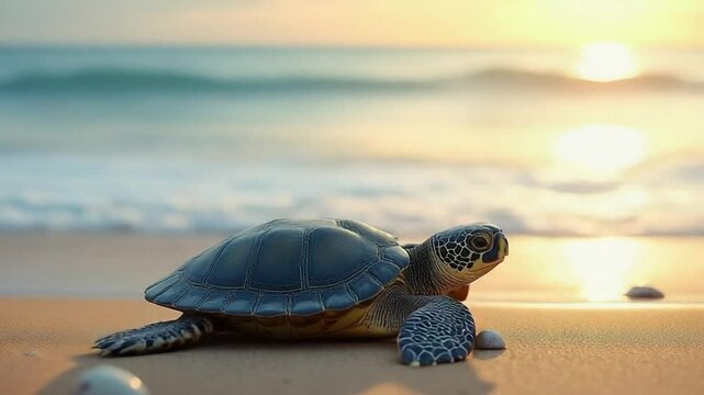 Realistic Sea Turtle Resting on Sandy Shore with Gentle Ocean Waves