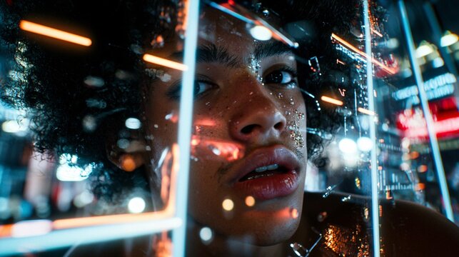 person stares at their multiple social media profiles on screens, obsessed with online validation and self-image. Glowing screens highlight their fixation. social media, narcissism, validation, 