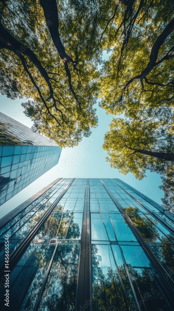 Poster Skyscrapers and trees converge in an upward perspective offering a unique urban nature view in a city park environment with sky