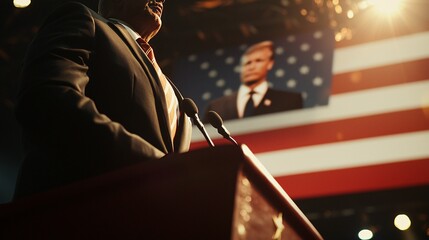 Obraz premium politician delivers a speech while only looking at their own image on a monitor, ignoring the audience, representing self-absorption in power. politician, narcissism, power, speech, self-absorbed, 