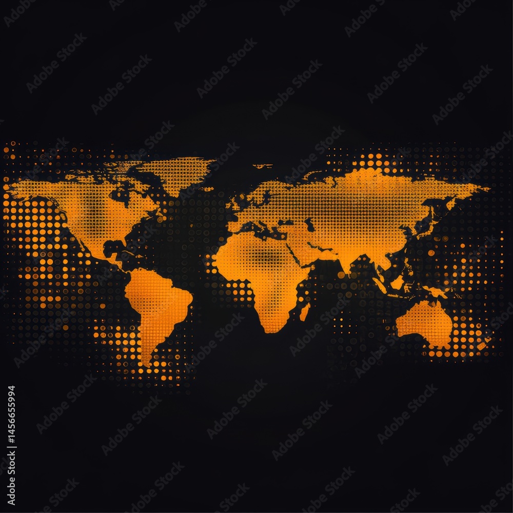 Poster abstract world map design in golden yellow on black background graphic illustration globe continents