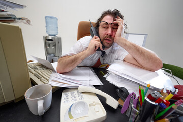 Middle-aged man in retro office sits at cluttered desk, talking on phone, surrounded by stacks of...