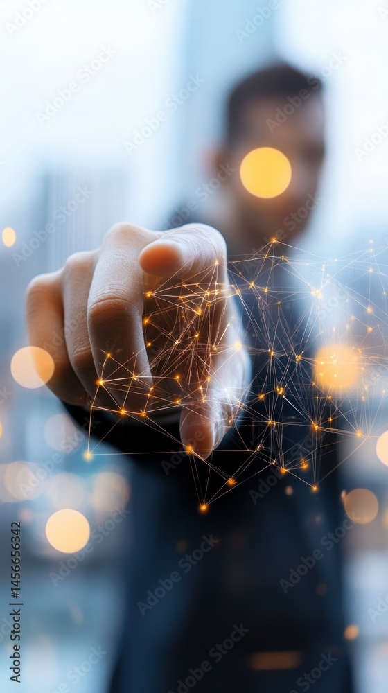 Poster Man Pointing at Futuristic Network Connection in Cityscape Blurred Background Close Up Shot