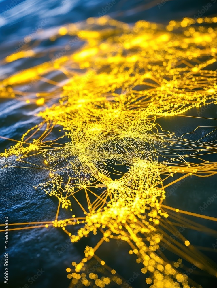 Poster Abstract network visualization of glowing connections on dark surface aerial view conceptual data flow