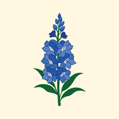 Elegant illustration of a Delphinium flower with blue petals and green leaves on a cream background