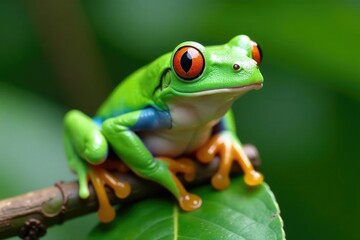 Green tree frog perched on white, vibrant skin, animal photography, background