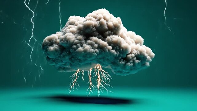 Cloud of Power: A dramatic image of a thundercloud with lightning strikes reaching down, showcasing the raw power and unpredictable nature of storms, against a vibrant turquoise backdrop. 