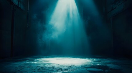 Fototapeta premium Intense spotlight illuminates empty, dark interior space.