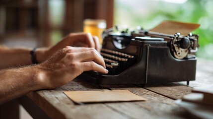 A person working on a vintage typewriter