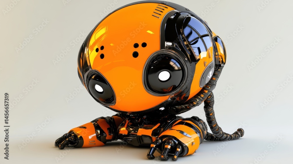 Aufkleber orange robot sitting low angle studio shot cute futuristic design technology innovation artificial i