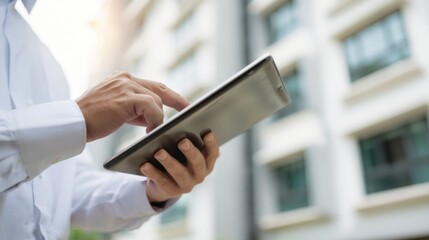 Person using a digital tablet outdoors with a modern building in the background.