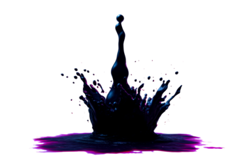 Dark purple liquid splash with droplets against transparent background