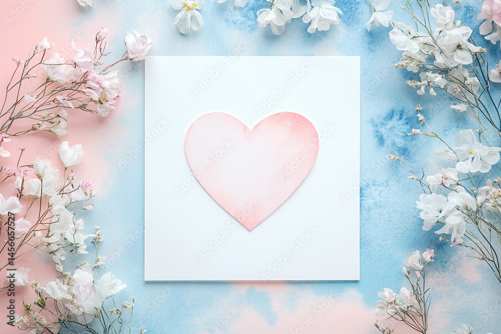Poster greeting card with floral background and a central heart shape featuring blank space for personalize