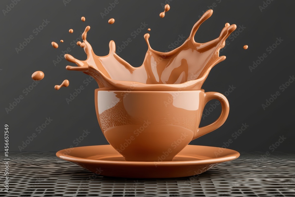 Poster Chocolate Splash in a Cup on a Saucer with a Dark Background and a Metal Grid Surface