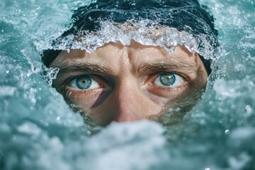 Funny man ice swimming in frozen lake
