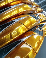 Fototapeta premium Stack of Shiny Gold Car Bumpers in a Warehouse