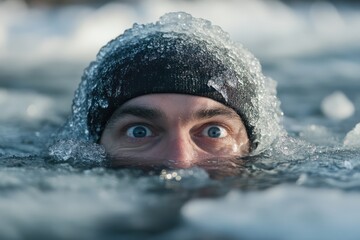 Funny man ice swimming in frozen lake