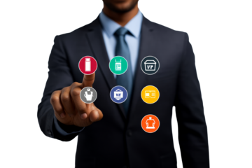 Businessman interacting with digital icons on transparent background