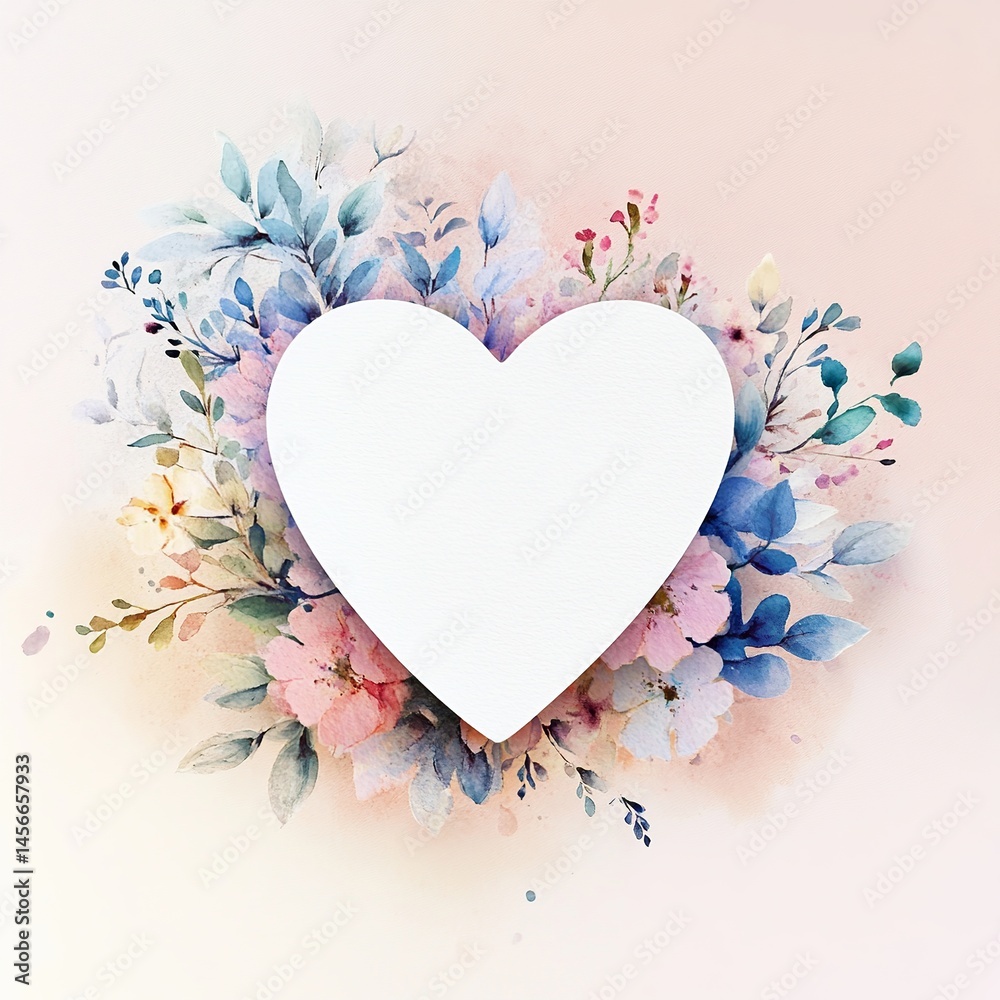 Poster greeting card with floral background and a central heart shape featuring blank space for personalize