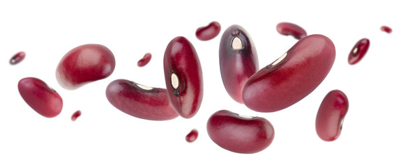 Beautifully retouched beans fly in space forming a loop shape. Isolated on white