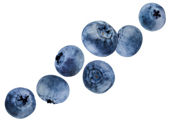Blueberries flying in space forming a chain shape. Isolated on white