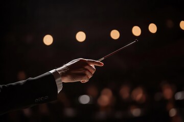 Fototapeta premium Orchestral conductor leading performance in concert hall