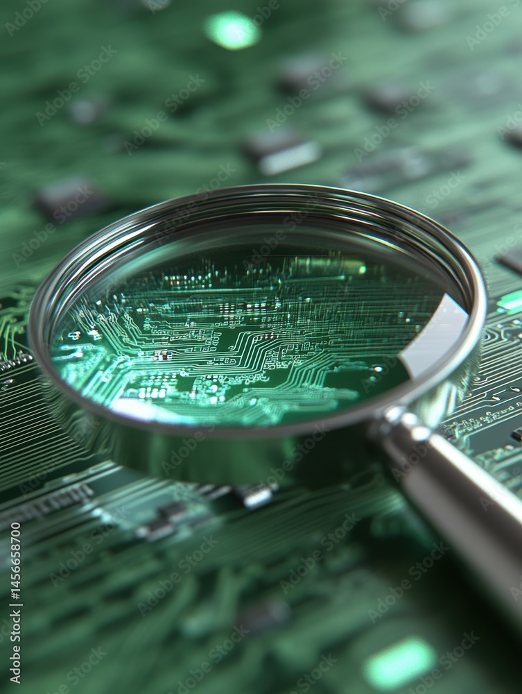 Aufkleber magnifying glass examining green circuit board close up shot for technology or computer science conc