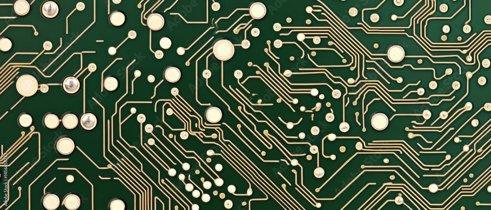 Poster close up of a green computer circuit board with gold traces and silver components detail