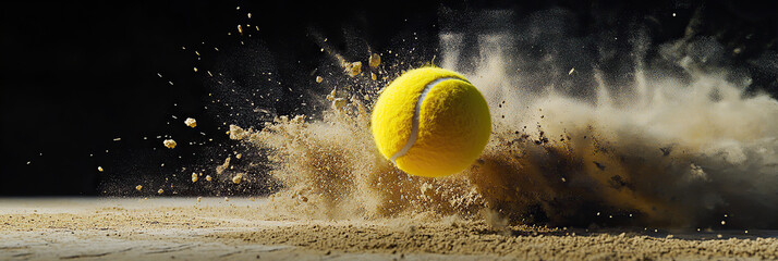 Tennis Ball Impact with Exploding Dust and Debris High-Speed Action Shot,dynamic Tennis Ball in Motion with Dust,Tennis Ball Hitting Ground with Exploding Dust,tennis ball captured in stunning,
