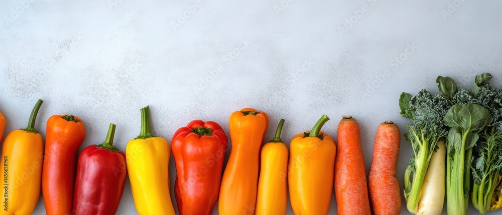 Poster colorful vegetables displayed in a row on grey background overhead flat lay of fresh peppers carrots