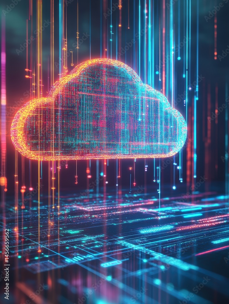 Poster Digital cloud computing with data streams and circuit board landscape illustration