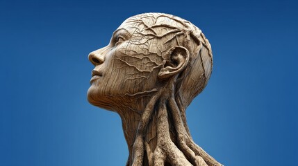 Obraz premium Nature is intertwined with art in a surreal piece that combines tree roots and a human face, showcasing organic sculpture and wood veins on a blue background