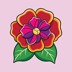 Vibrant Red and Pink Flower with Green Leaves Artistic Illustration