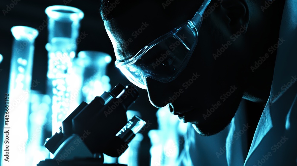 Poster scientist in lab coat examining sample under microscope with test tubes in the background