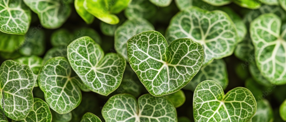 Poster Turtle Vine Leaves Close Up Macro Shot Showing Veins and Texture in Lush Green Garden Setting Overhead View