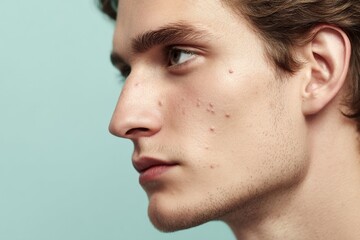 Obraz premium A closeup view of a man's face with noticeable red pimples and skin inflammation illustrates the challenges of acne, problem skin, rosacea, and couperose, and the need for effective facial treatment