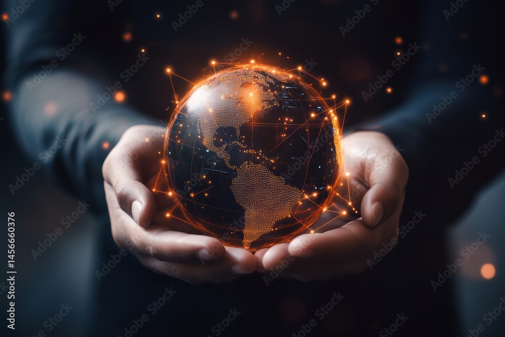 Poster person holding digital globe in hands showing global network connections concept close up