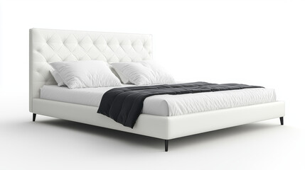 Obraz premium Elegant and cozy white bed with tufted headboard and soft pillows