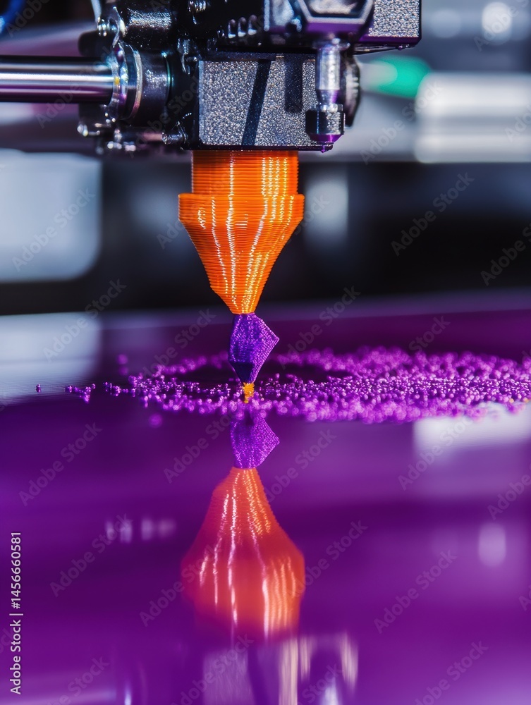 Poster close-up of 3d printer creating purple object with orange filament, reflection on smooth surface, st