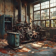 An old, abandoned industrial room with rusted machinery, peeling paint, and large windows letting in natural light.